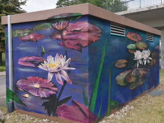Trafostation: Graffiti mit Seerosen und Frosch