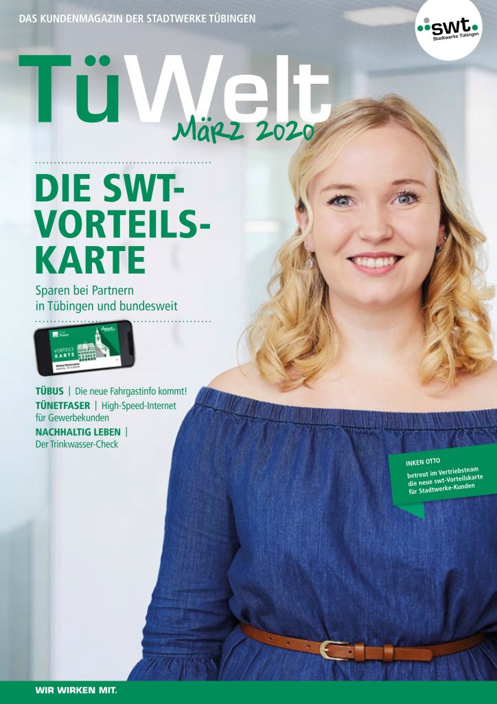 TüWelt-Titelbild März 2020 mit Inken Otto, Tochter von Michaela Otto, zum Thema swt-Vorteilskarte
