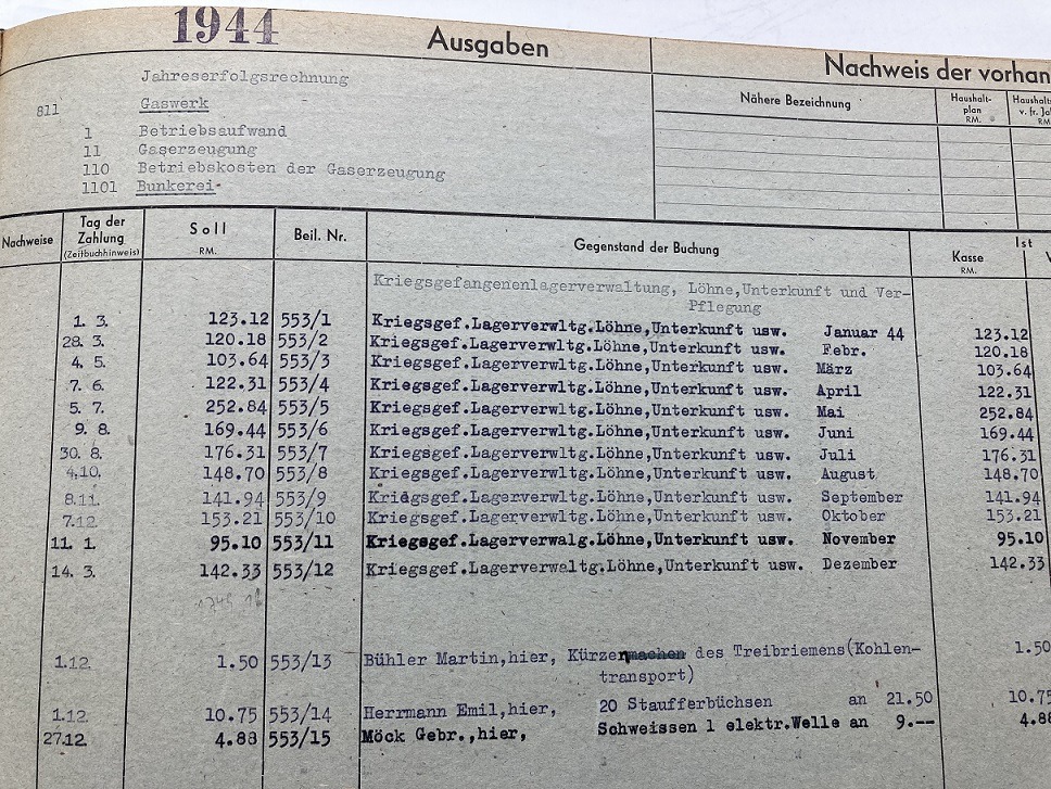 Aus dem "Sachbuch" (Kassenbuch) der Stadtwerke / Tübinger Gaswerk: Abrechnungen von Löhnen, Kleidung, Unterkunft für "Ostarbeiter"