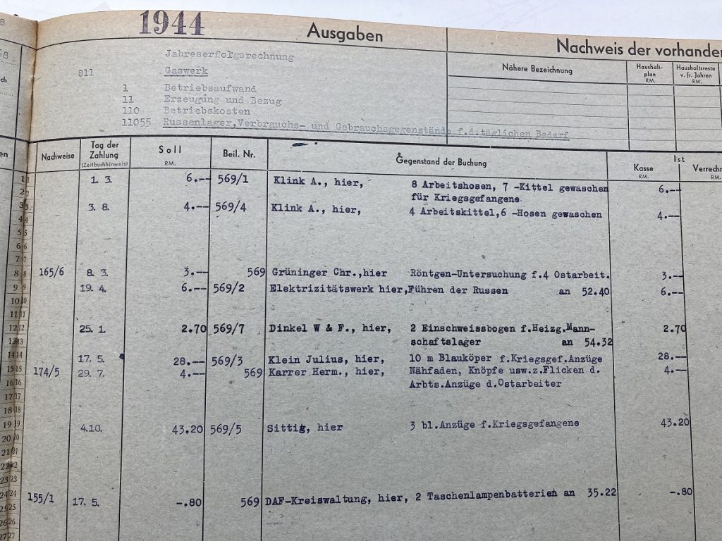 Aus dem "Sachbuch" (Kassenbuch) der Stadtwerke / Tübinger Gaswerk: Abrechnungen von Löhnen, Kleidung, Unterkunft für "Ostarbeiter"
