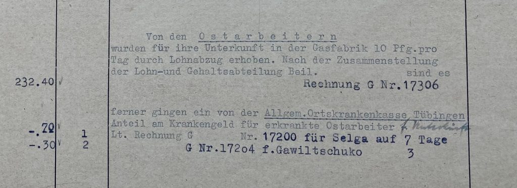 Aus dem "Sachbuch" (Kassenbuch) der Stadtwerke / Tübinger Gaswerk: Abrechnungen von Löhnen, Kleidung, Unterkunft für "Ostarbeiter"
