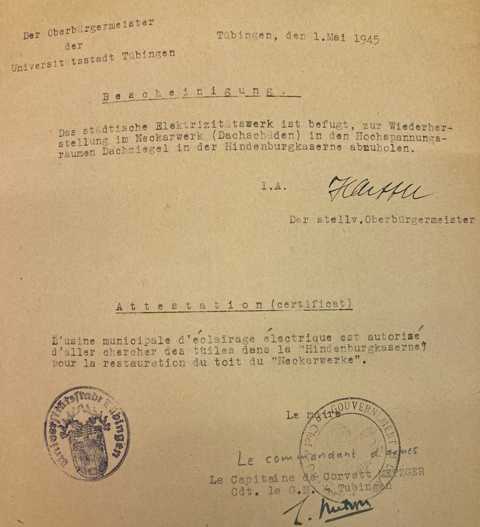 Bescheinigung 1. Mai 1945 für Zuteilung von Dachziegeln