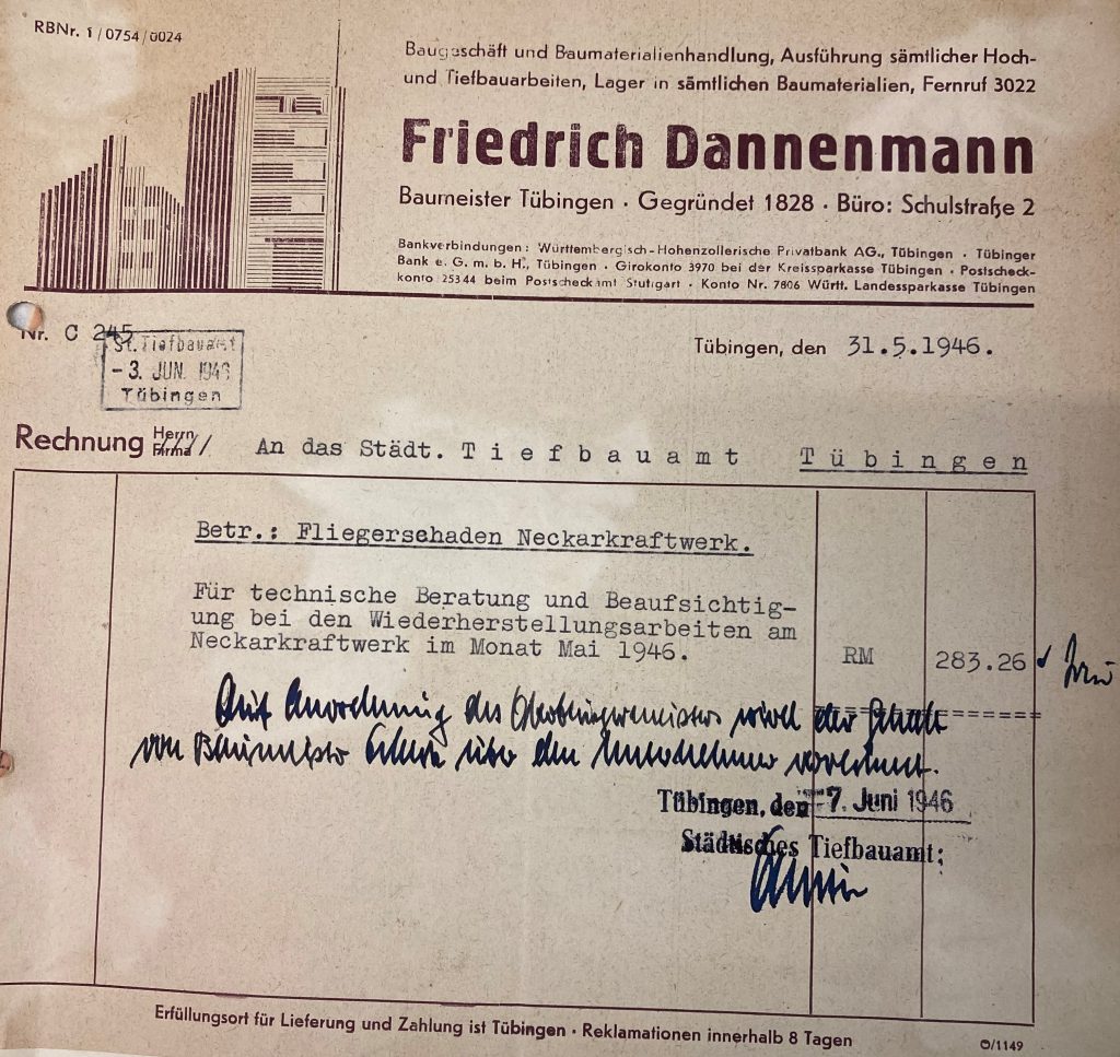 Dannenmann: Rechnung für technische Beratung bei den Arbeiten am Neckarwerk 1946