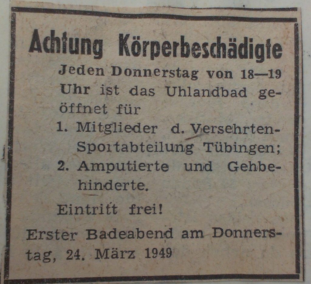 Zeitungs-Anzeige März 1949: Körperbeschädigte haben kostenlosen Eintritt ins Uhlandbad