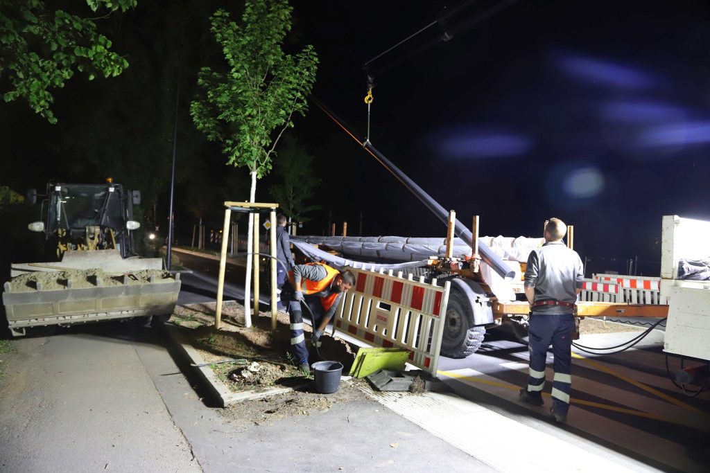 Kabelziehen, Leuchten einbauen, Masten stellen: Arbeit des Beleuchtungs-Teams rund um den Busbahnhof, bei Tag und bei Nacht