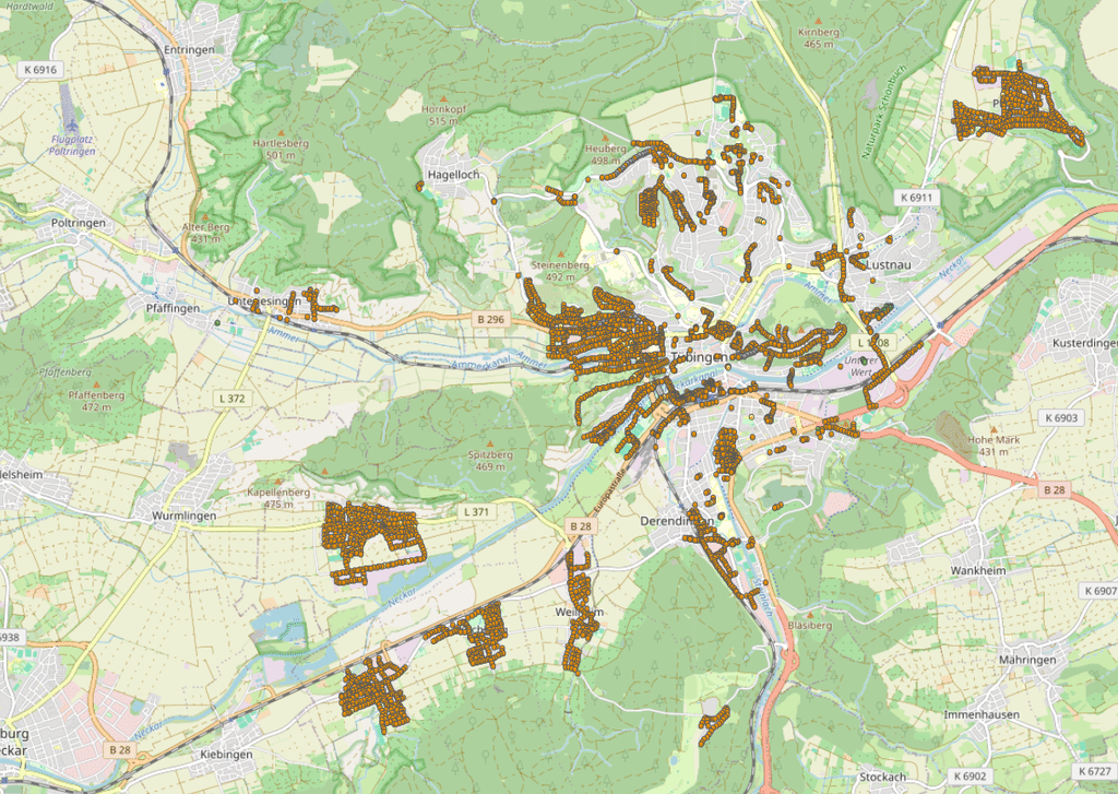 Übersichtsplan der Stadt Tübingen zeigt, wo "Licht nach Bedarf" bereits umgesetzt ist.