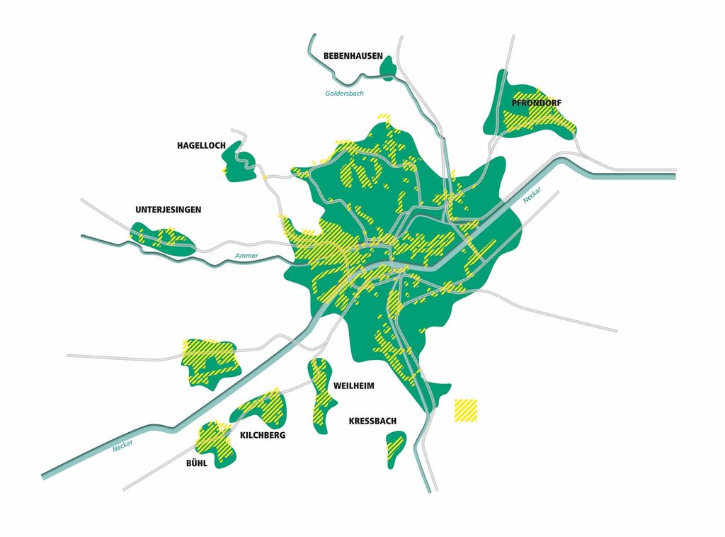 Schematischer Plan der Stadt Tübingen: In den markierten Bereichen ist "Licht nach Bedarf" bereits umgesetzt.